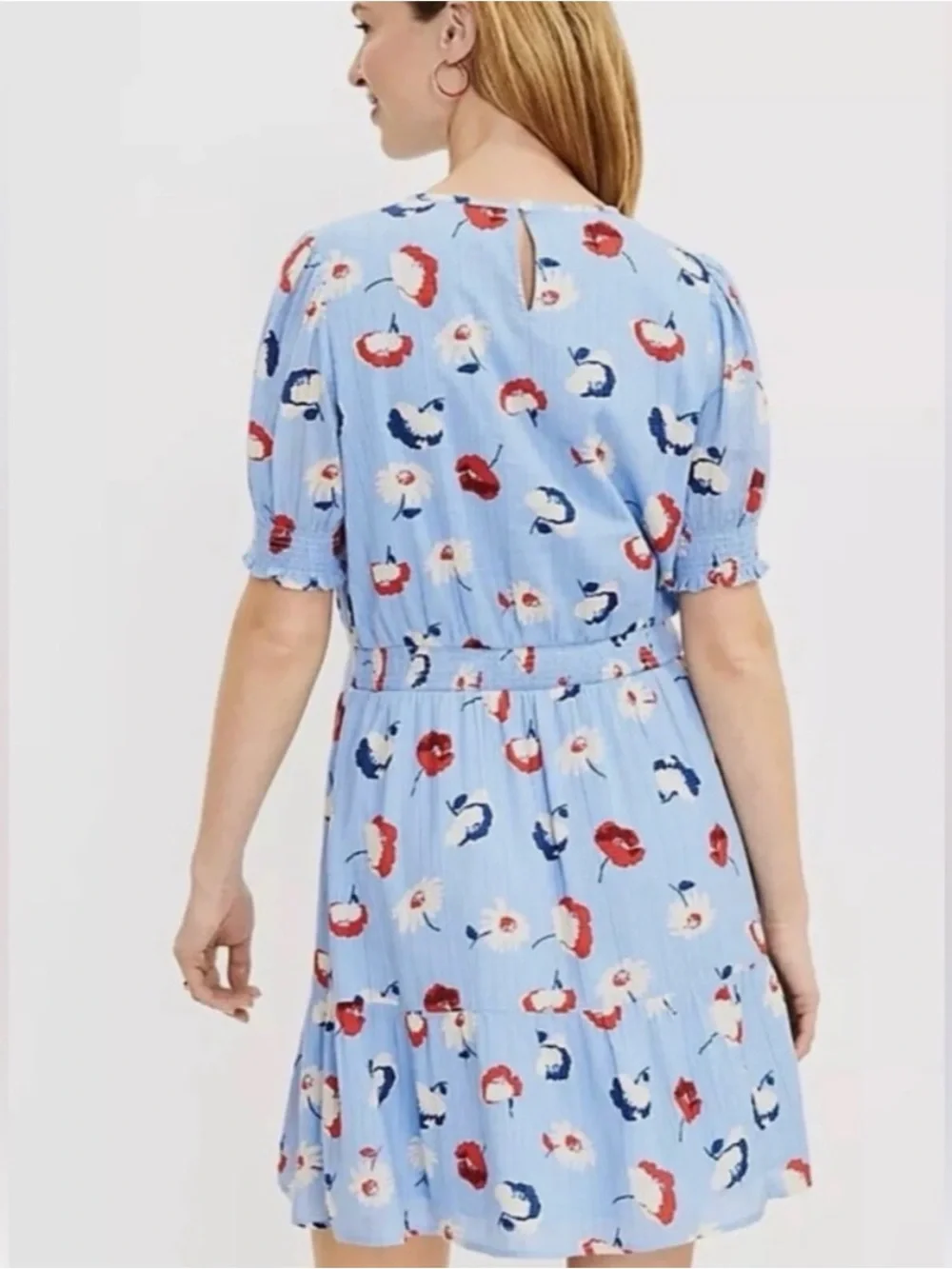 LOFT Sky Blue Floral Puff-Sleeve Tiered Dress NWT